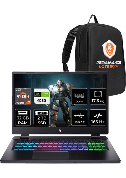 Nitro 17 Amd Ryzen 7 7735HS 32GB 2tb SSD RTX4050/6GB 140W 17.3" Fhd 165Hz Fdos Taşınabilir Bilgisayar & Per4 Çanta NHQL1EY003P319