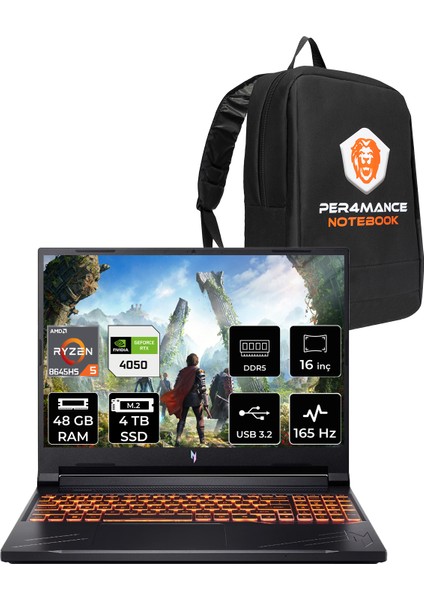 Nitro V 16 Aı Amd Ryzen 5 8645HS 48GB 4tb SSD RTX4050/6GB 85W 16" Fhd+ 165Hz Fdos Taşınabilir Bilgisayar & Per4 Çanta NHQRVEY004P330