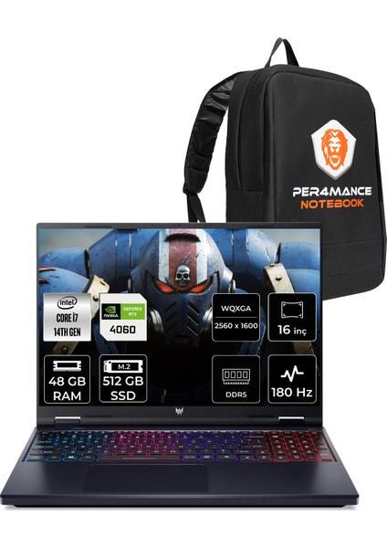 Predator Helios Neo 16 Intel Core I7 14650HX 48GB 512GB SSD RTX4060/8GB 140W 16" Qhd+ 180Hz Fdos Taşınabilir Bilgisayar & Per4 Çanta NHQRFEY001P327