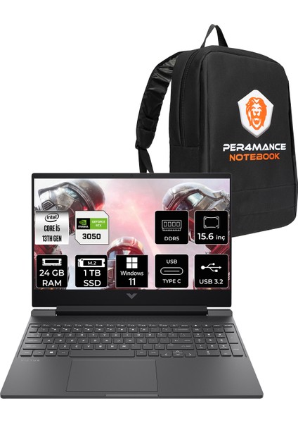 Victus 15 Intel Core I5 13420H 24GB Ram 1tb SSD RTX3050/6GB 144Hz 15.6" Fhd Windows 11 Home Taşınabilir Bilgisayar & Per4 Çanta B7TG9EAPN373