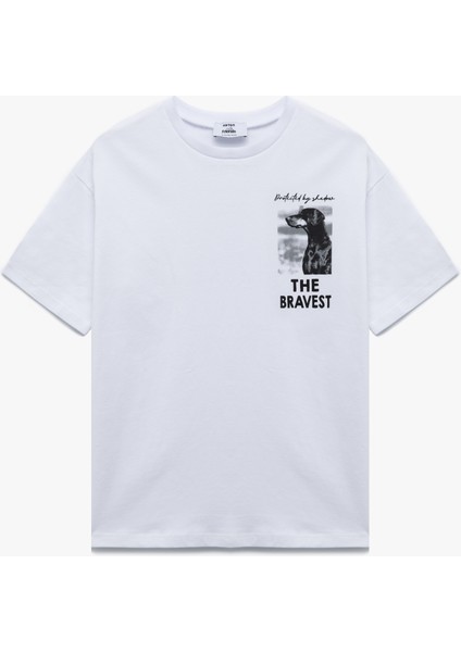 Pamuklu Baskılı Kısa Kollu Bisiklet Yaka Oversize Tişört