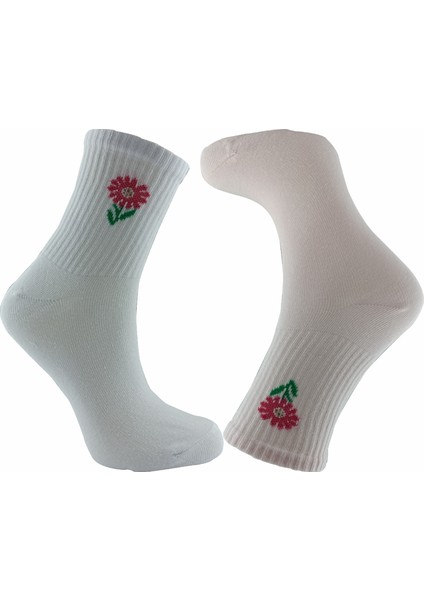 Çiçek Desenli Kolej Çorap 2 Çift Pembe- Beyaz fırsatları