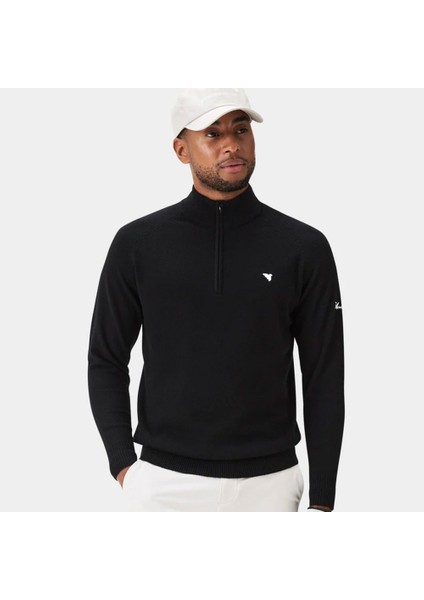 Merinos Yün Yarım Fermuar Kazak Siyah KN20210605S