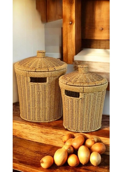 Wicker 2'li Hasır Kapaklı Patates Soğan Sepet Set 2 Boy Sunum Sebzelik Örgü Çamaşır Sepeti Dekor