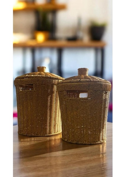 Wicker 2'li Hasır Kapaklı Patates Soğan Sepet Set 2 Boy Sunum Sebzelik Örgü Çamaşır Sepeti Dekor