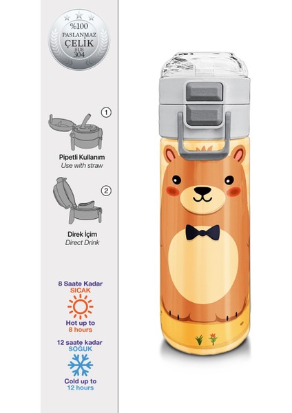 Kids Capybara Desenli Pipetli ve Direkt Içim Çelik Termos 500 ml 31793