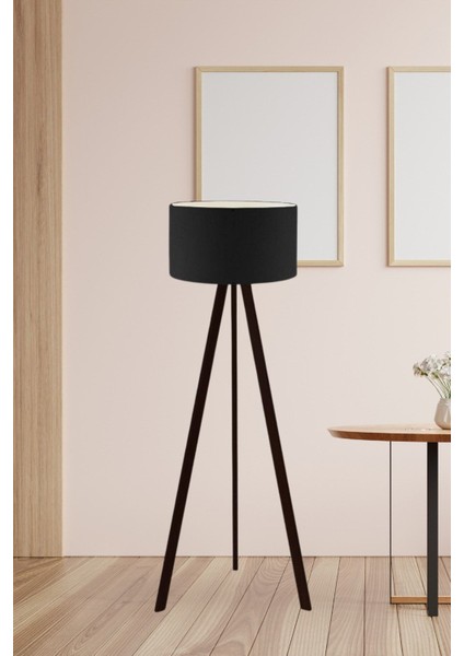 Art Tripod Ahşap Ayaklı Lambader Köşe Lambası Siyah Kumaş Dark