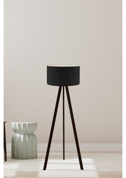 Art Tripod Ahşap Ayaklı Lambader Köşe Lambası Siyah Kumaş Dark