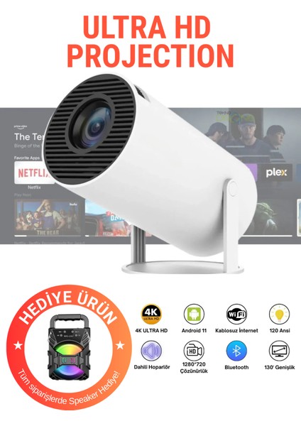 Taşınabilir Android Projeksiyon Cihazı Pro 4K Hd Görüntü Wifi Bluetooth Desteği Speaker Hediyeli W