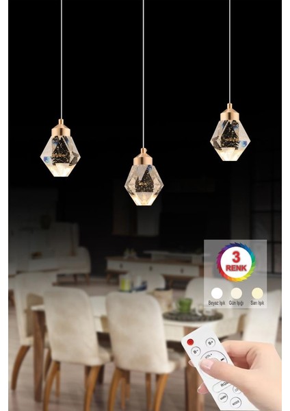 Istanbul Avize Kabarcıklı Liya Yemek Masası 3'lü Gold 3 Renk Ledli Modern LED Avize
