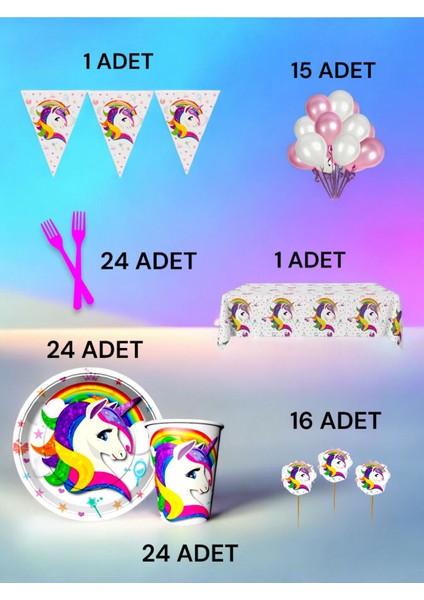 24 Kişilik Unicorn Temalı L Paket - Doğum Günü Parti ve Eğlenceli Etkinlikler