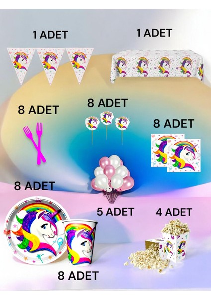 8 Kişilik Unicorn Temalı x l Paket - Doğum Günü Parti ve Eğlenceli Etkinlikler