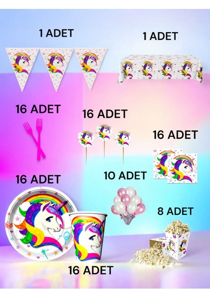 16 Kişilik Unicorn Temalı x l Paket - Doğum Günü Parti ve Eğlenceli Etkinlikler