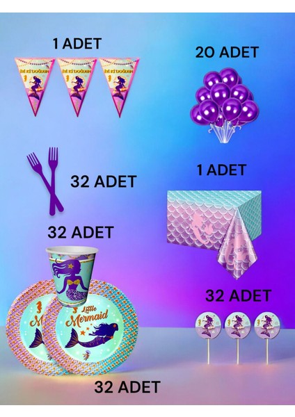 32 Kişilik Deniz Kızı Temalı L Paket - Doğum Günü Parti ve Eğlenceli Etkinlikler