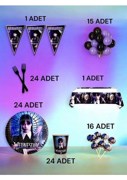 24 Kişilik Wednesday Temalı L Paket - Doğum Günü Parti ve Eğlenceli Etkinlikler