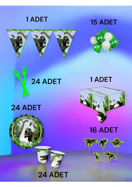 24 Kişilik Dinazor Temalı L Paket - Doğum Günü Parti ve Eğlenceli Etkinlikler