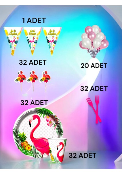 32 Kişilik Flamingo Temalı M Paket - Doğum Günü Parti ve Eğlenceli Etkinlikler
