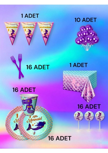 16 Kişilik Deniz Kızı Temalı L Paket - Doğum Günü Parti ve Eğlenceli Etkinlikler