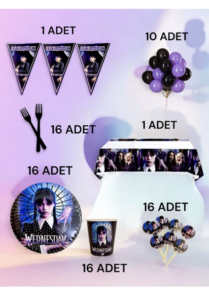 16 Kişilik Wednesday Temalı L Paket - Doğum Günü Parti ve Eğlenceli Etkinlikler