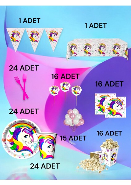 24 Kişilik Unicorn Temalı x l Paket - Doğum Günü Parti ve Eğlenceli Etkinlikler