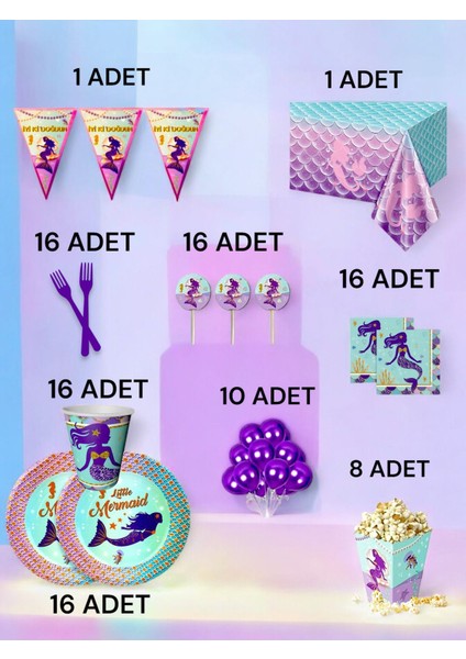 16 Kişilik Deniz Kızı Temalı x l Paket - Doğum Günü Parti ve Eğlenceli Etkinlikler