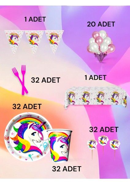 32 Kişilik Unicorn Temalı L Paket - Doğum Günü Parti ve Eğlenceli Etkinlikler