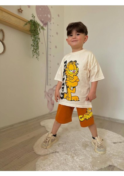 Erkek Çocuk Garfield Baskılı Yazlık Şortlu Takım