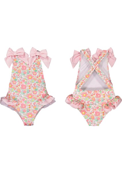 Pembe Çiçek Desenli Mayo Sırtı Çapraz UPF50+ Güneş Korumalı Mayo