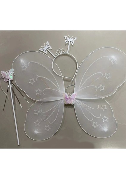 Beyaz Renk Kelebek Kanadı Tacı ve Sopası 50X37 cm
