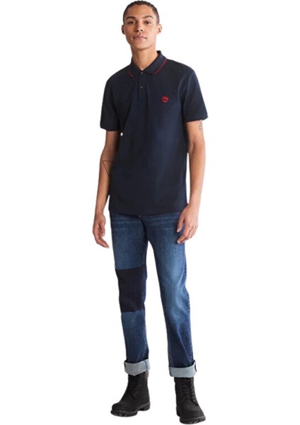Printed Neck Short Sleeve Polo Dark Sapphıre Erkek T-Shirt modelleri