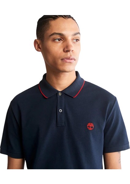 Printed Neck Short Sleeve Polo Dark Sapphıre Erkek T-Shirt fırsatları