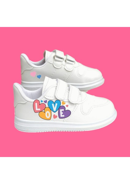 Love Baskılı Beyaz Bantlı Çocuk Spor Ayakkabı Sneaker