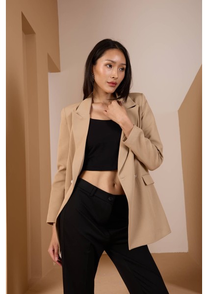 Açık Vizon Oversize Dokuma Blazer Ceket
