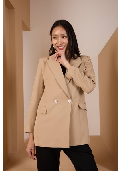 Açık Vizon Oversize Dokuma Blazer Ceket