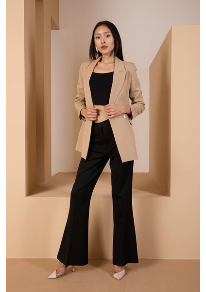 Açık Vizon Oversize Dokuma Blazer Ceket