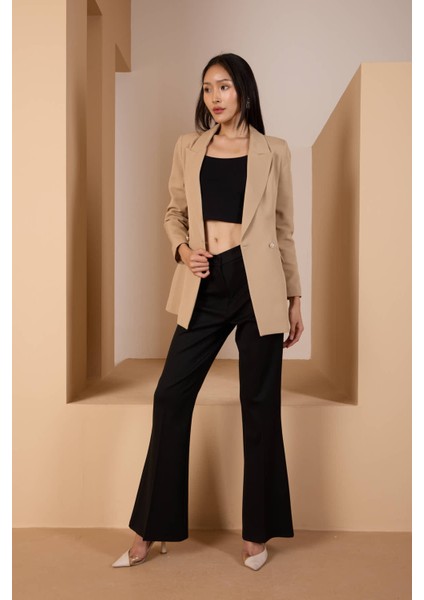 Açık Vizon Oversize Dokuma Blazer Ceket