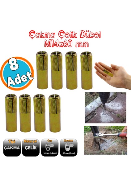 Çakma Çelik Dübel Iç Dişli 8 Adet M14X60 mm Raf Iskele Montaj Bağlantı Monte Beton Asma Aparat