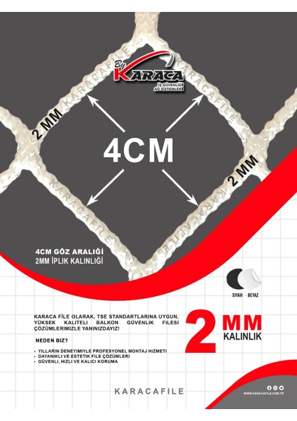 Kedi Balkon Güvenlik Filesi 1,5x3 mt 2mm Ip Kalınlığı 4x4 Göz Aralığı (Beyaz Veya Siyah)