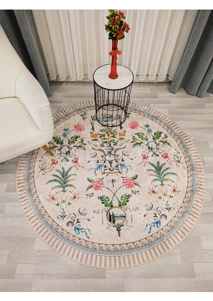 Bej Rengi Çiçekli Kuş Desenli Lateks Deri Taban Halı