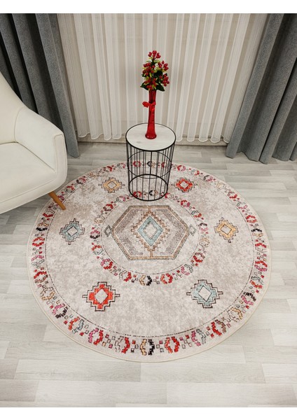 Bej Renk Etnik Kilim Desen Kaymaz Taban Halı