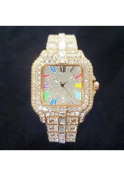 2025 Unıguet Lüks Elmas Taşlı Gökkuşağı Kadranlı Takvim Kuvars Saatler Moda Hip Hop Buzlu Out Kol Saati Hediye fiyatları