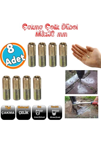 Çakma Çelik Dübel 8 Adet Iç Dişli M8X30 mm Raf Iskele Montaj Bağlantı Monte Tavan Asma Aparat