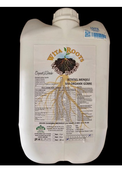 Organik Sıvı Gübre, Bitki Köklendirici Teşvik Edici, Kök Oluşturucu Gübre, Wita Roots 20 Lt
