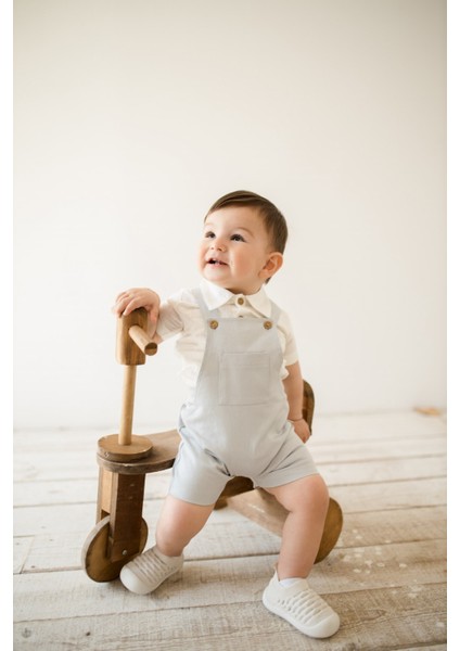 Erkek Bebek Yazlık Tulum Takımı Keten Gömlek Body ve Kanvas Şort Tulum 0-12 Ay