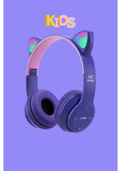 Kedi Kulaklık Bluetooth Kablosuz Rgb Işıklı Çocuk Oyun Kulaklığı Radyolu