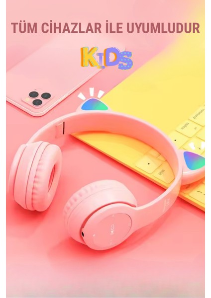 Kedi Kulaklık Bluetooth Kablosuz Rgb Işıklı Çocuk Oyun Kulaklığı Radyolu