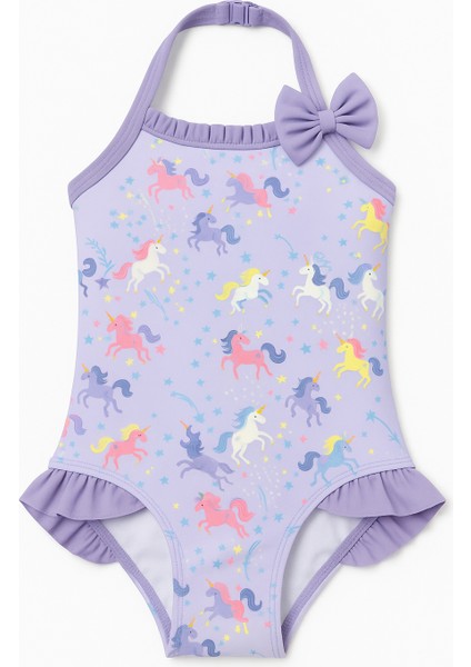 Kız Çocuk Unicorn Desenli Fırfırlı Mayo Lila