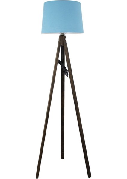 Rustik Ahşap 3 Ayak Koyu Kahverengi Tripod Lambader Turkuaz Konik Şapka