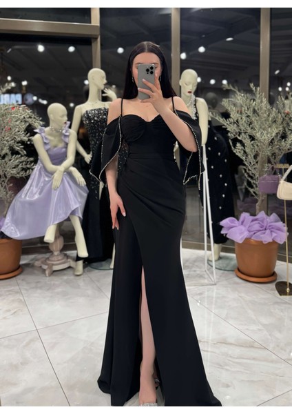 Liviya Kol Detaylı Uzun Boy Abiye Elbise Siyah