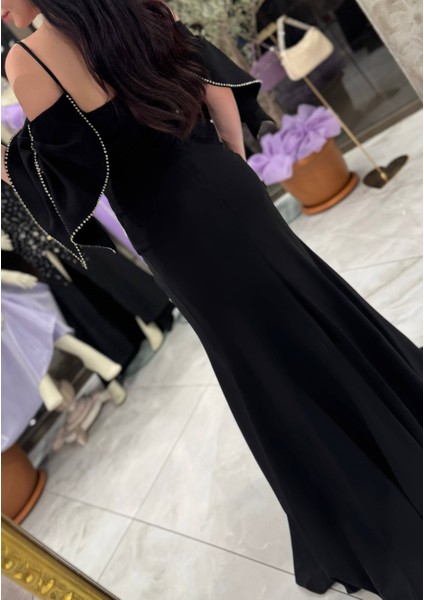 Liviya Kol Detaylı Uzun Boy Abiye Elbise Siyah fiyatları